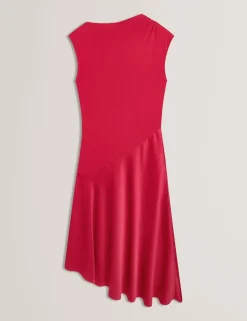 High Neck Satin Asymmetric Skirt Midi Dress