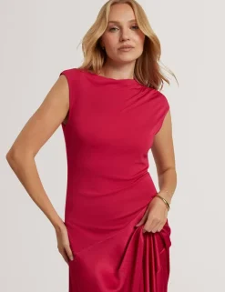 High Neck Satin Asymmetric Skirt Midi Dress