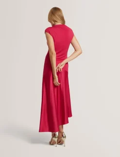 High Neck Satin Asymmetric Skirt Midi Dress