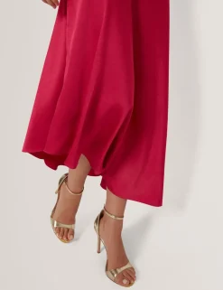 High Neck Satin Asymmetric Skirt Midi Dress
