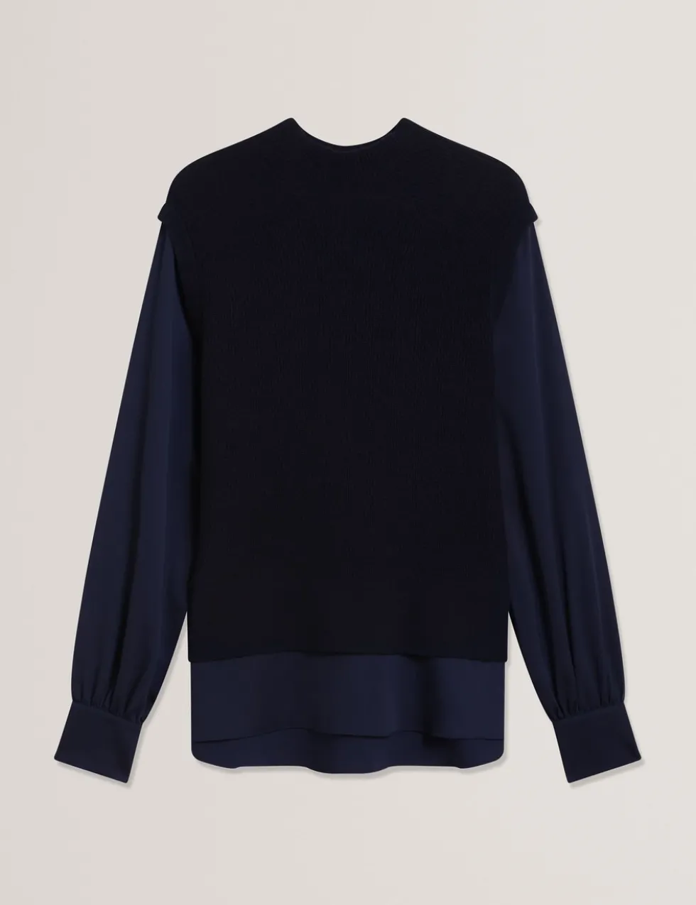 High Neck Woven Sleeve Knitted Jumper