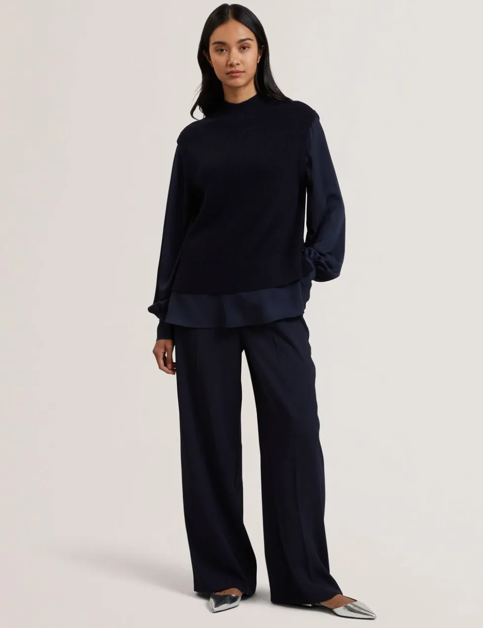 High Neck Woven Sleeve Knitted Jumper