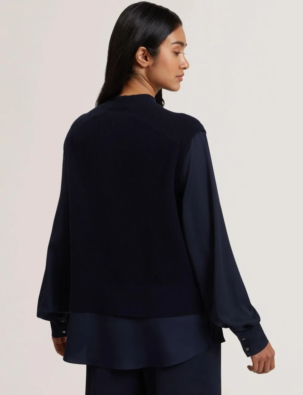 High Neck Woven Sleeve Knitted Jumper