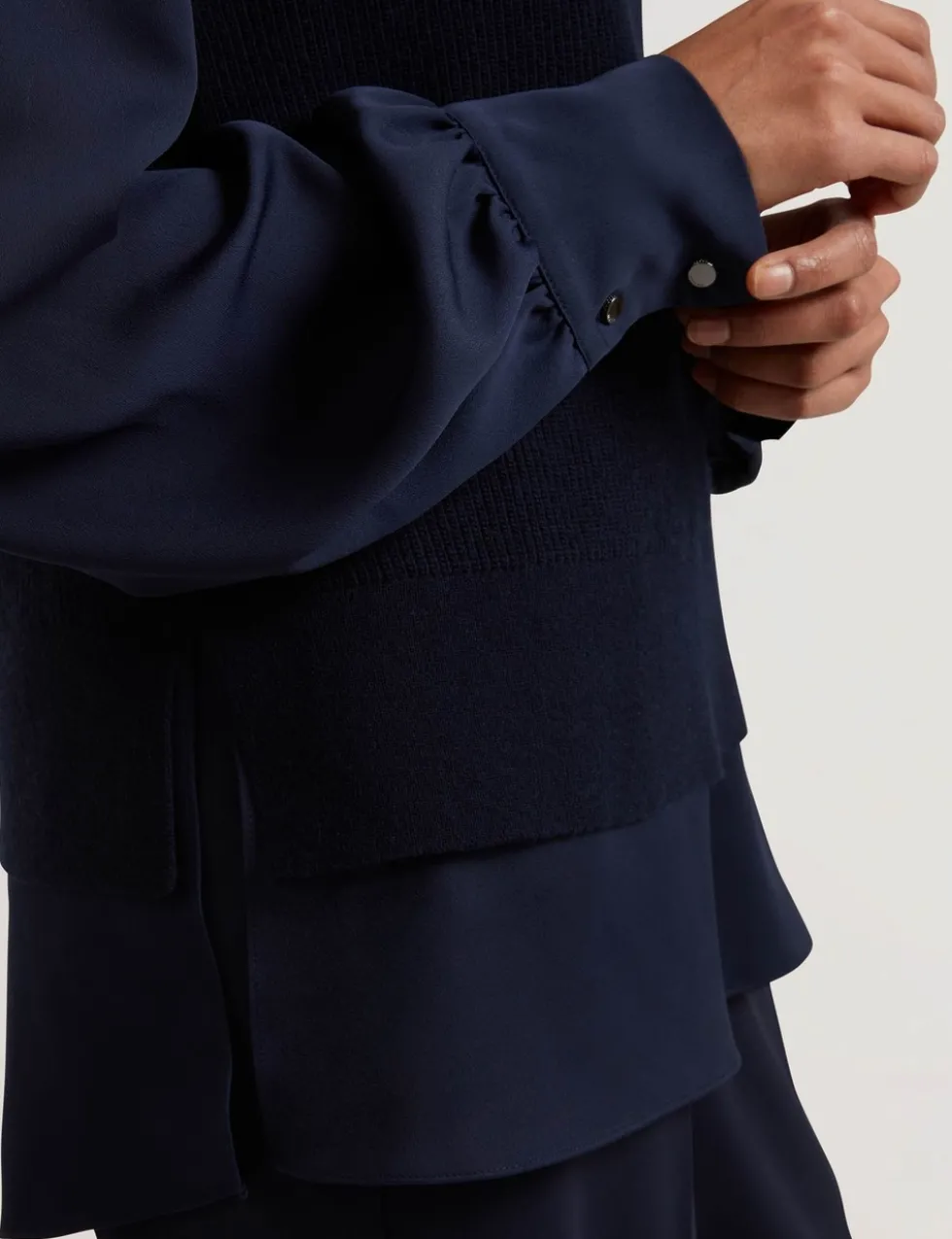 High Neck Woven Sleeve Knitted Jumper