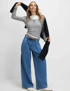 High Waisted Belted Pleated Wide Leg Jeans