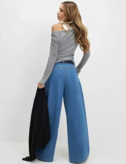 High Waisted Belted Pleated Wide Leg Jeans