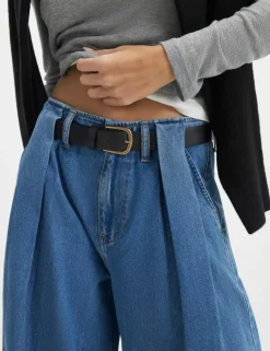 High Waisted Belted Pleated Wide Leg Jeans