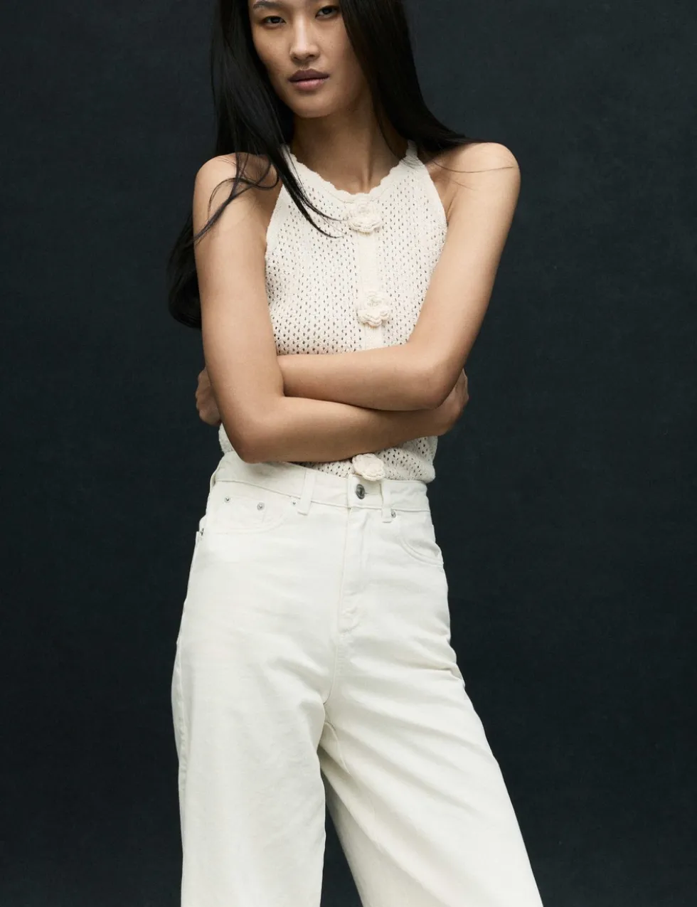 High Waisted Broderie Wide Leg Cropped Jeans