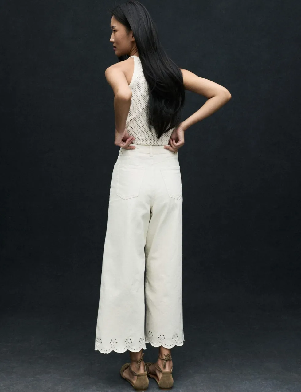 High Waisted Broderie Wide Leg Cropped Jeans