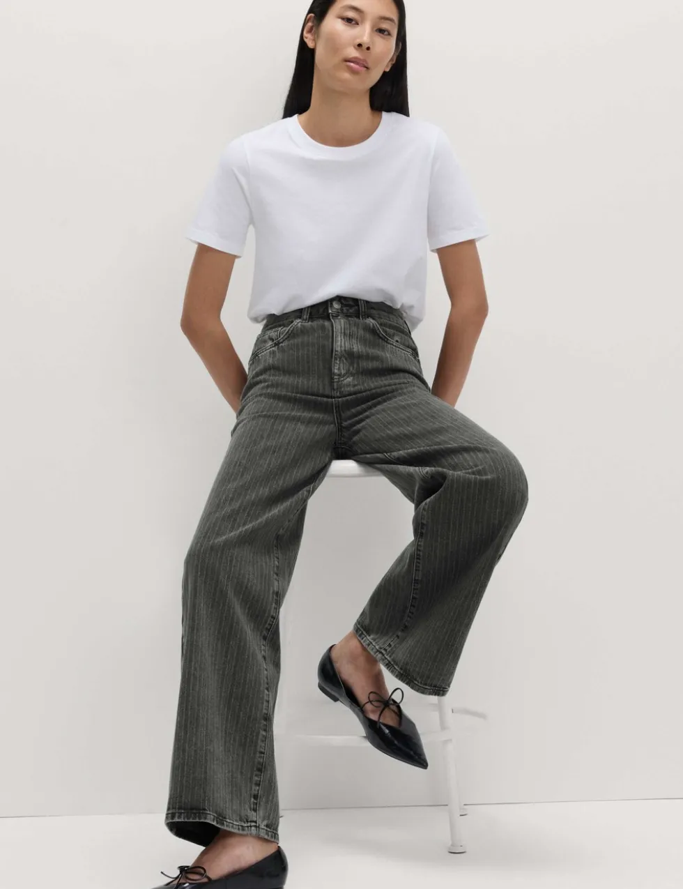 High Waisted Pinstripe Wide Leg Jeans