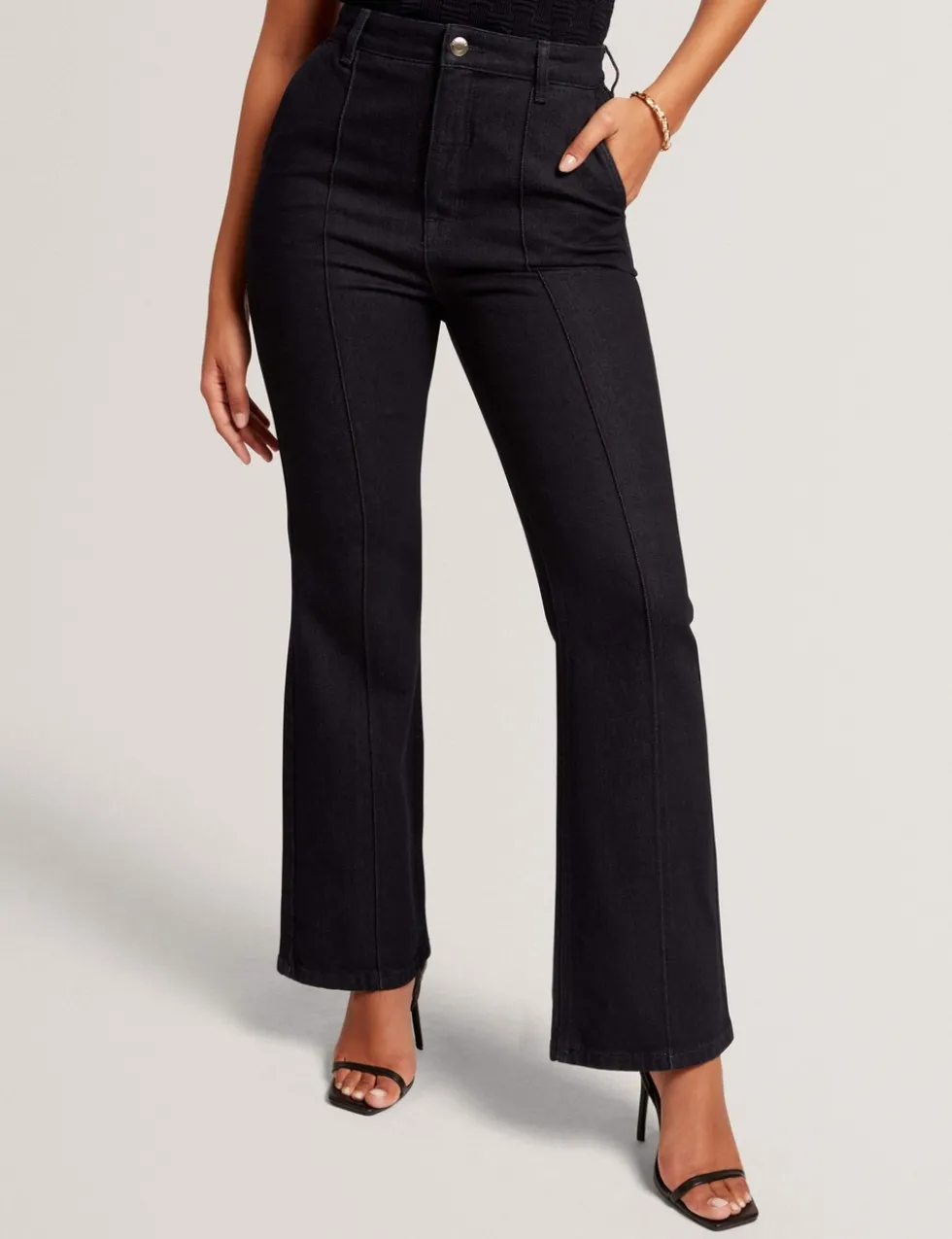High Waisted Pintuck Flared Jeans