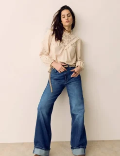 High Waisted Straight Leg Turn Up Jeans