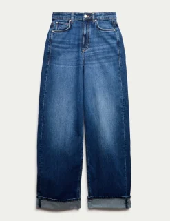 High Waisted Straight Leg Turn Up Jeans