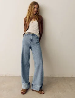 High Waisted Striped Wide Leg Turn Up Jeans