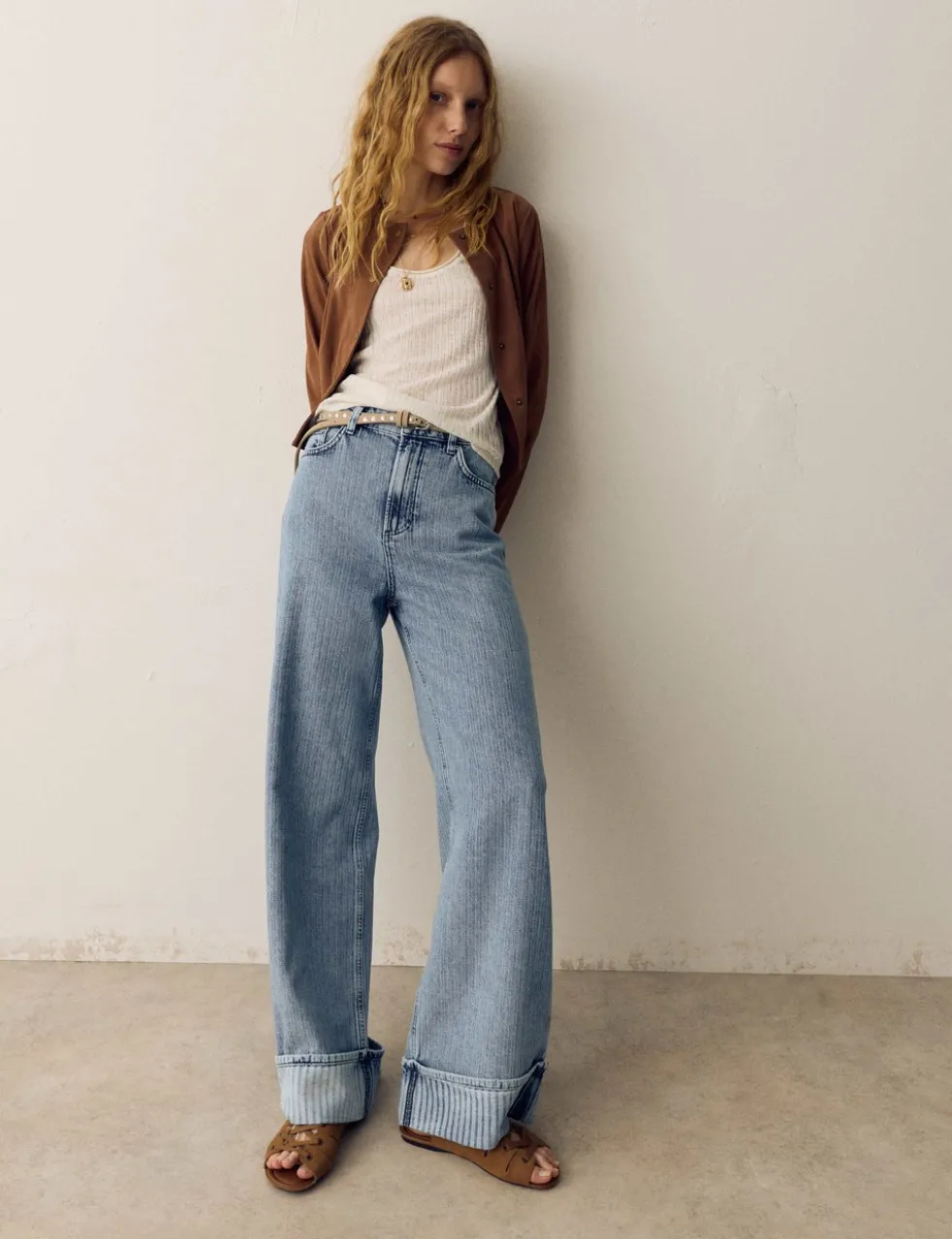 High Waisted Striped Wide Leg Turn Up Jeans