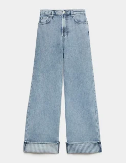 High Waisted Striped Wide Leg Turn Up Jeans