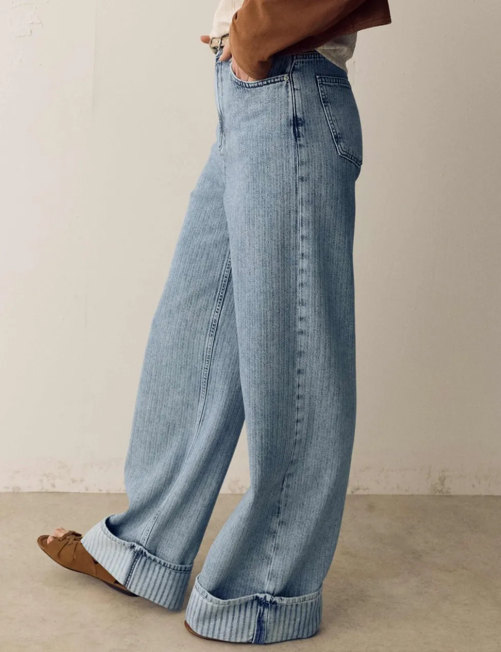 High Waisted Striped Wide Leg Turn Up Jeans
