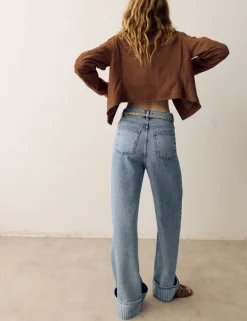 High Waisted Striped Wide Leg Turn Up Jeans