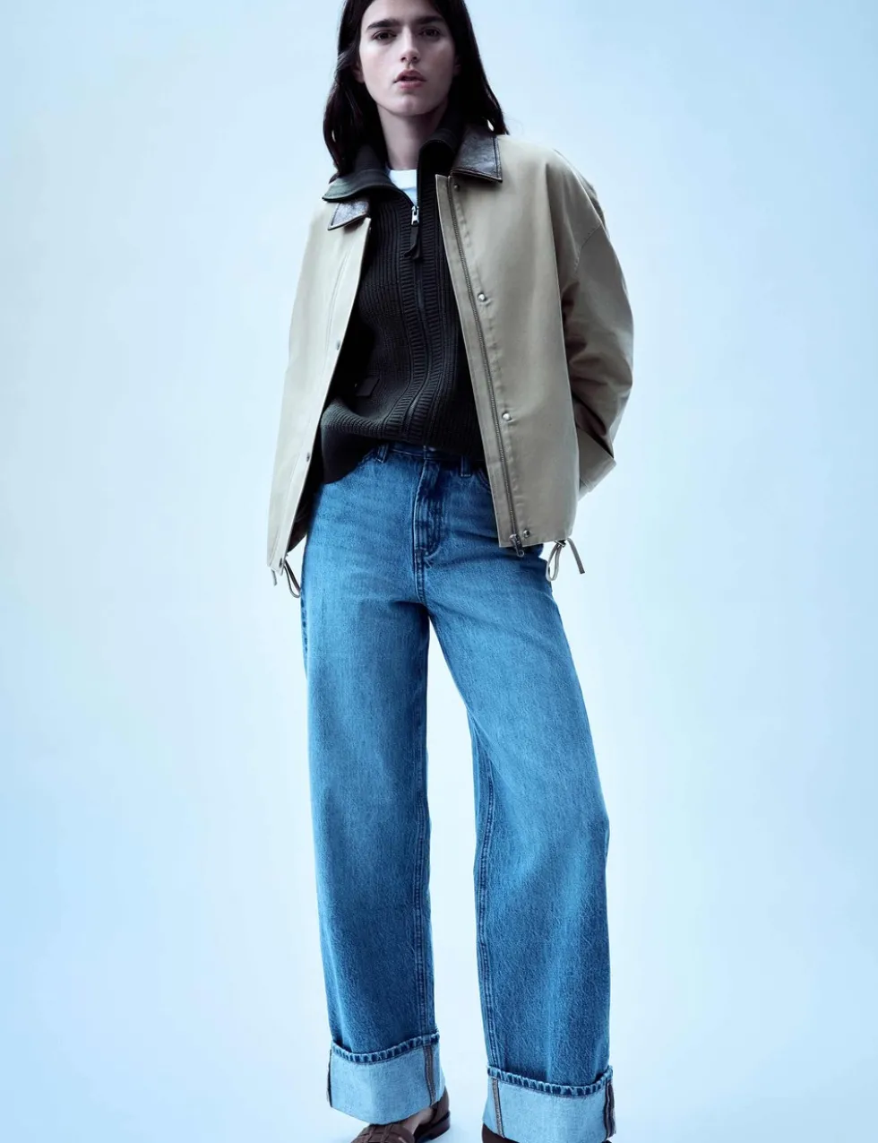 High Waisted Wide Leg Turn Up Jeans