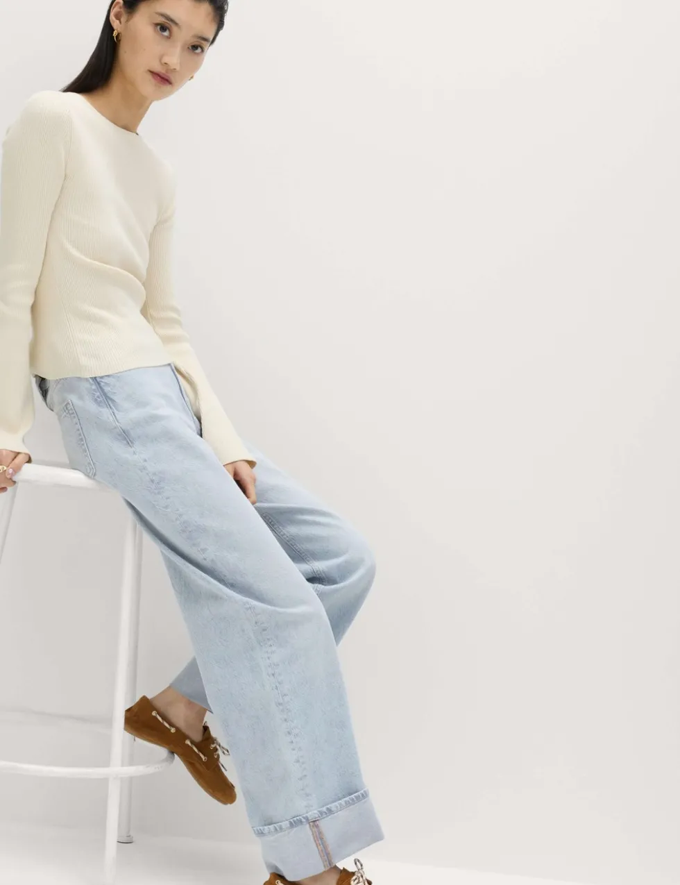 High Waisted Wide Leg Turn Up Jeans