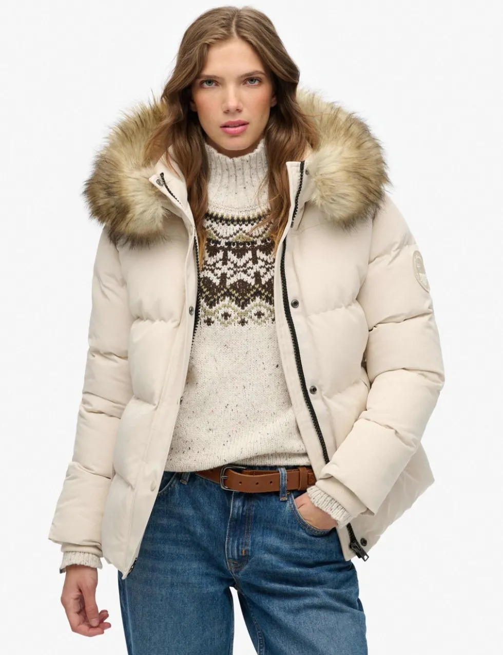 Hooded Faux Fur Trim Puffer Coat