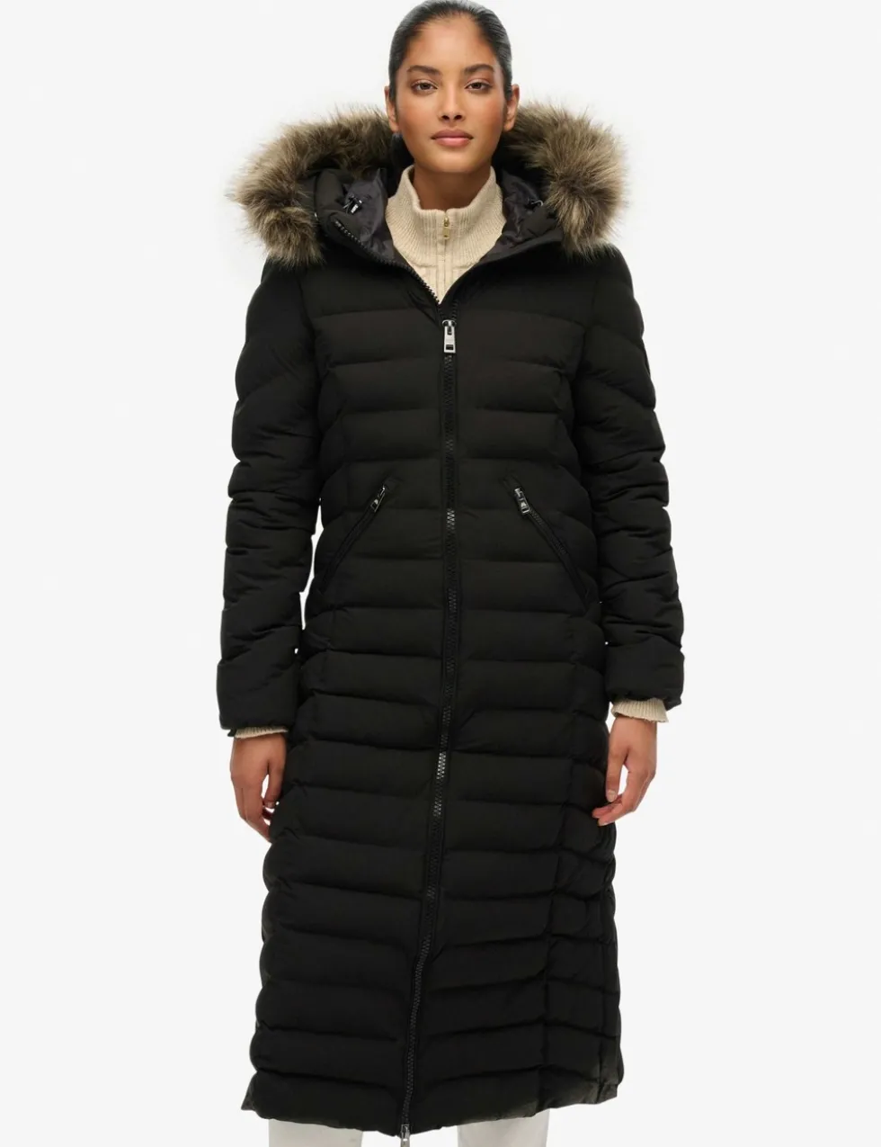 Hooded Funnel Neck Longline Puffer Jacket