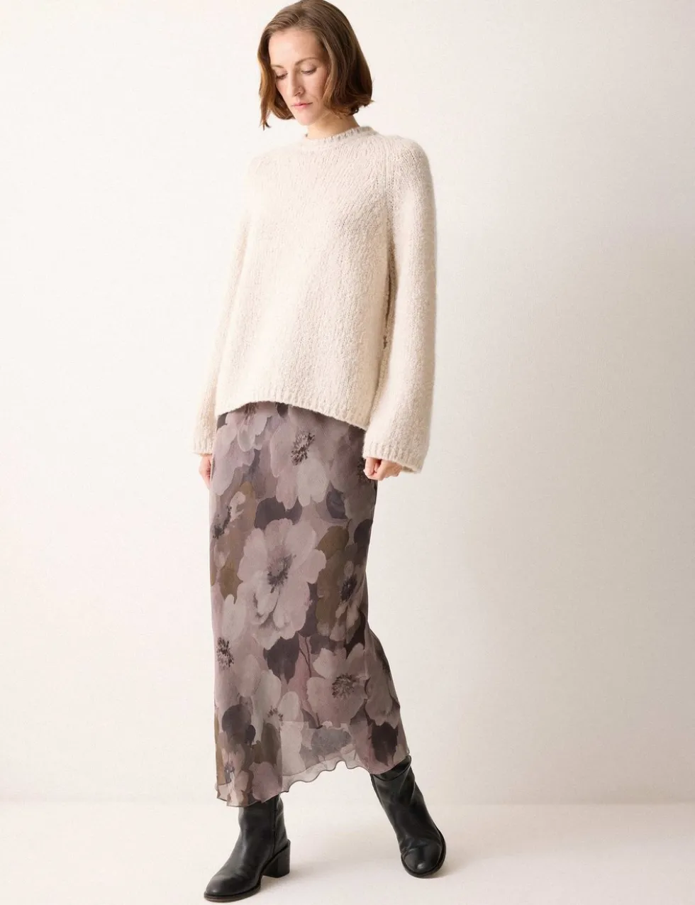 Jacquard Floral Midi A-Line Skirt