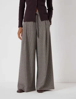 Jersey Checked Drawstring Wide Leg Trousers