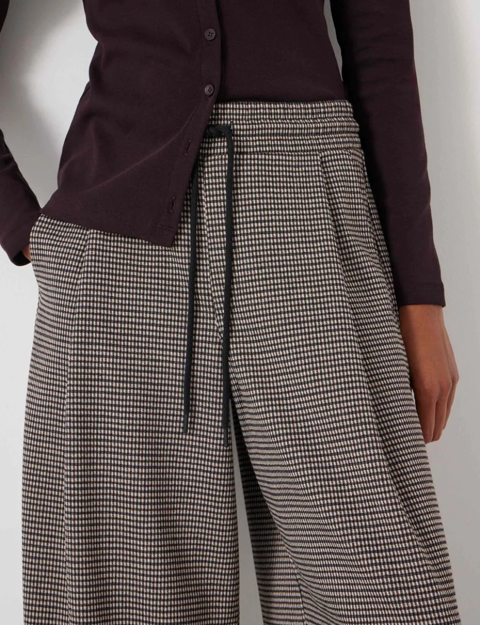 Jersey Checked Drawstring Wide Leg Trousers