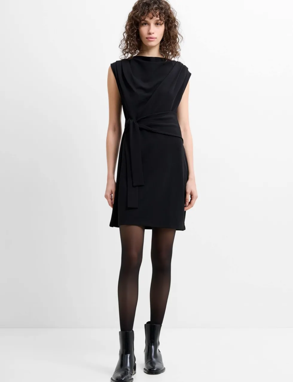 Jersey Cowl Neck Belted Mini Shift Dress