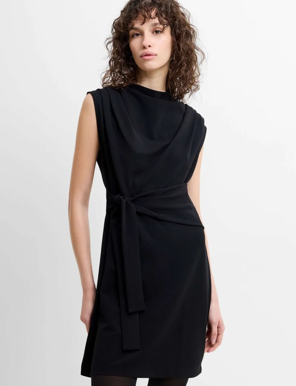 Jersey Cowl Neck Belted Mini Shift Dress