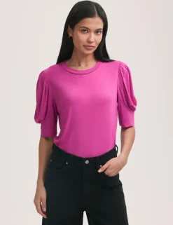 Jersey Draped Gathered Puff Sleeve Top