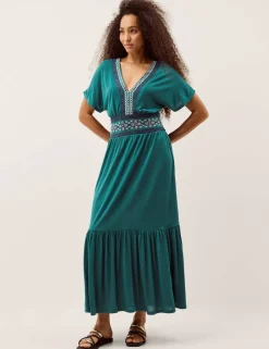 Jersey Embroidered V-Neck Midi Waisted Dress