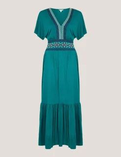 Jersey Embroidered V-Neck Midi Waisted Dress