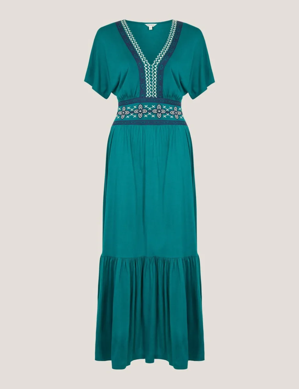 Jersey Embroidered V-Neck Midi Waisted Dress