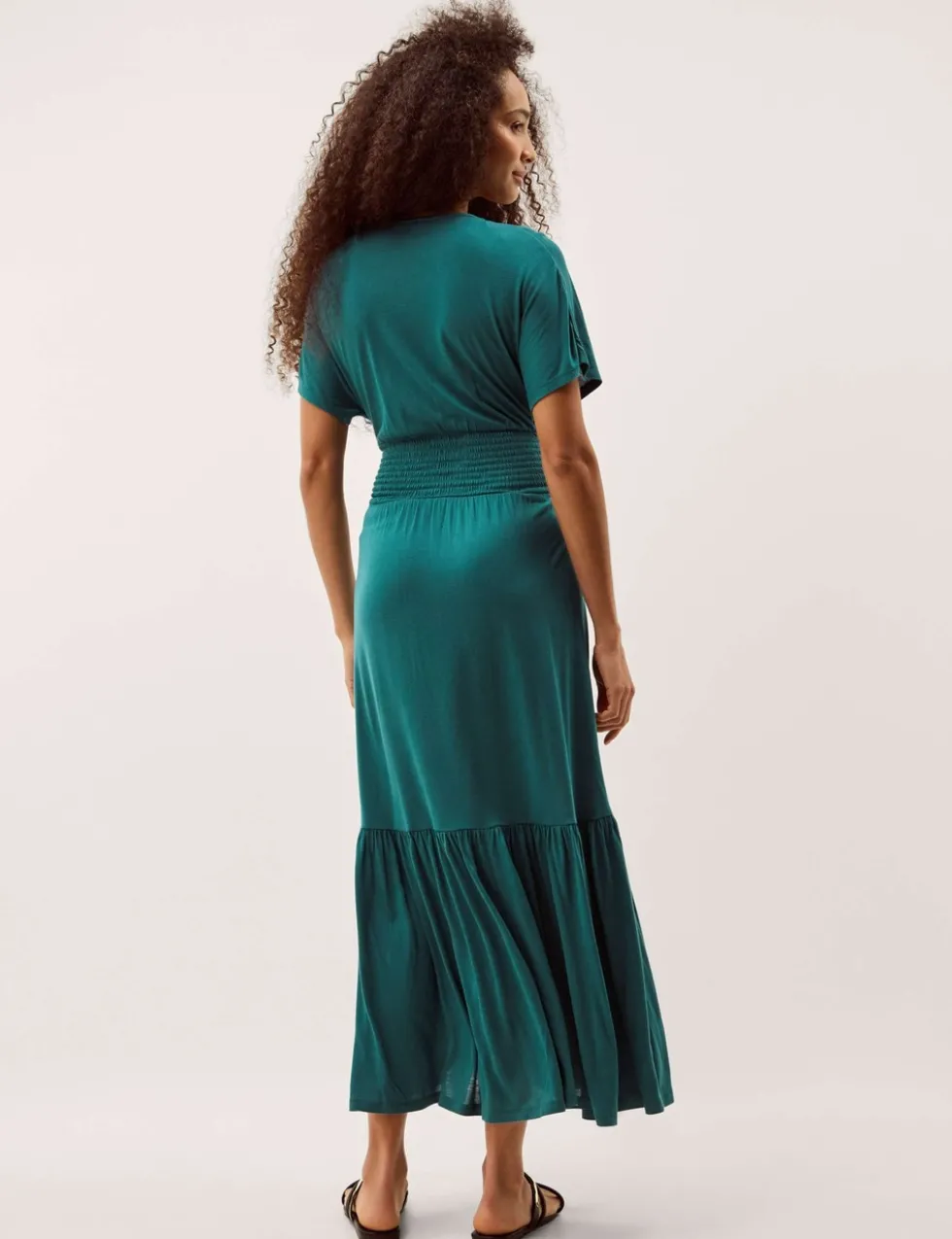 Jersey Embroidered V-Neck Midi Waisted Dress