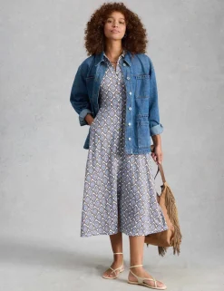 Jersey Floral Collared Midi Shirt Dress