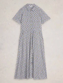 Jersey Floral Collared Midi Shirt Dress