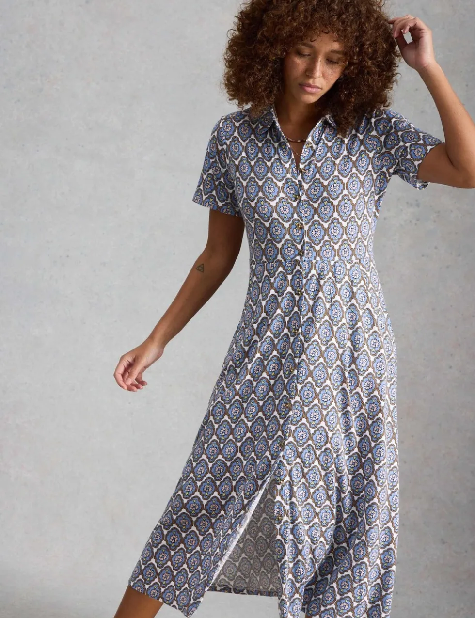 Jersey Floral Collared Midi Shirt Dress