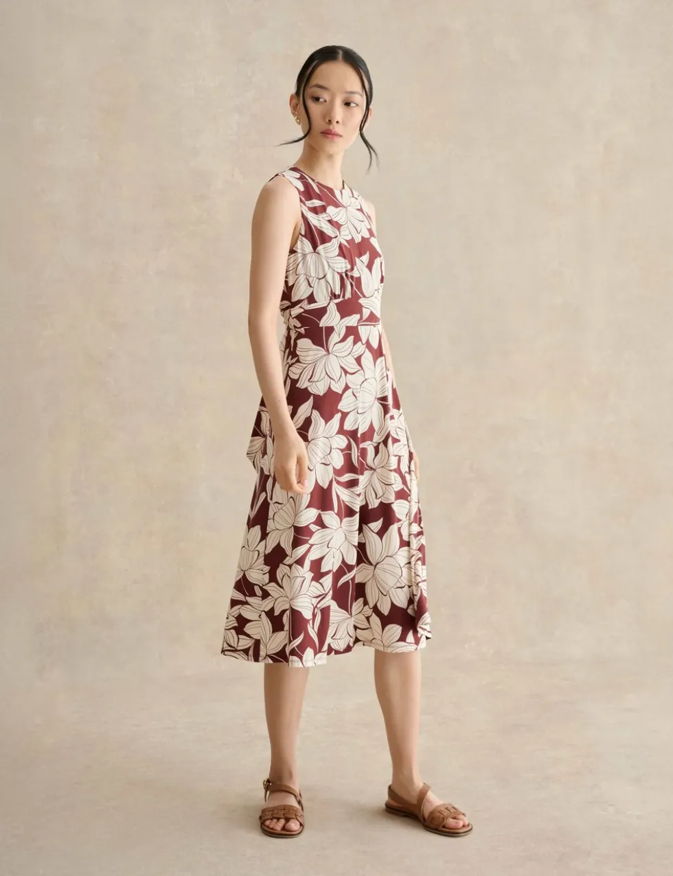 Jersey Floral Knee Length Waisted Dress