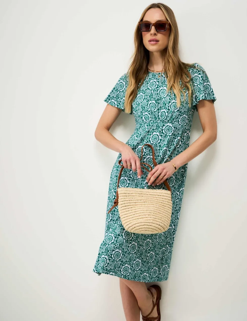 Jersey Floral Midi Waisted Dress