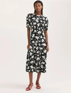 Jersey Floral Midi Waisted Dress