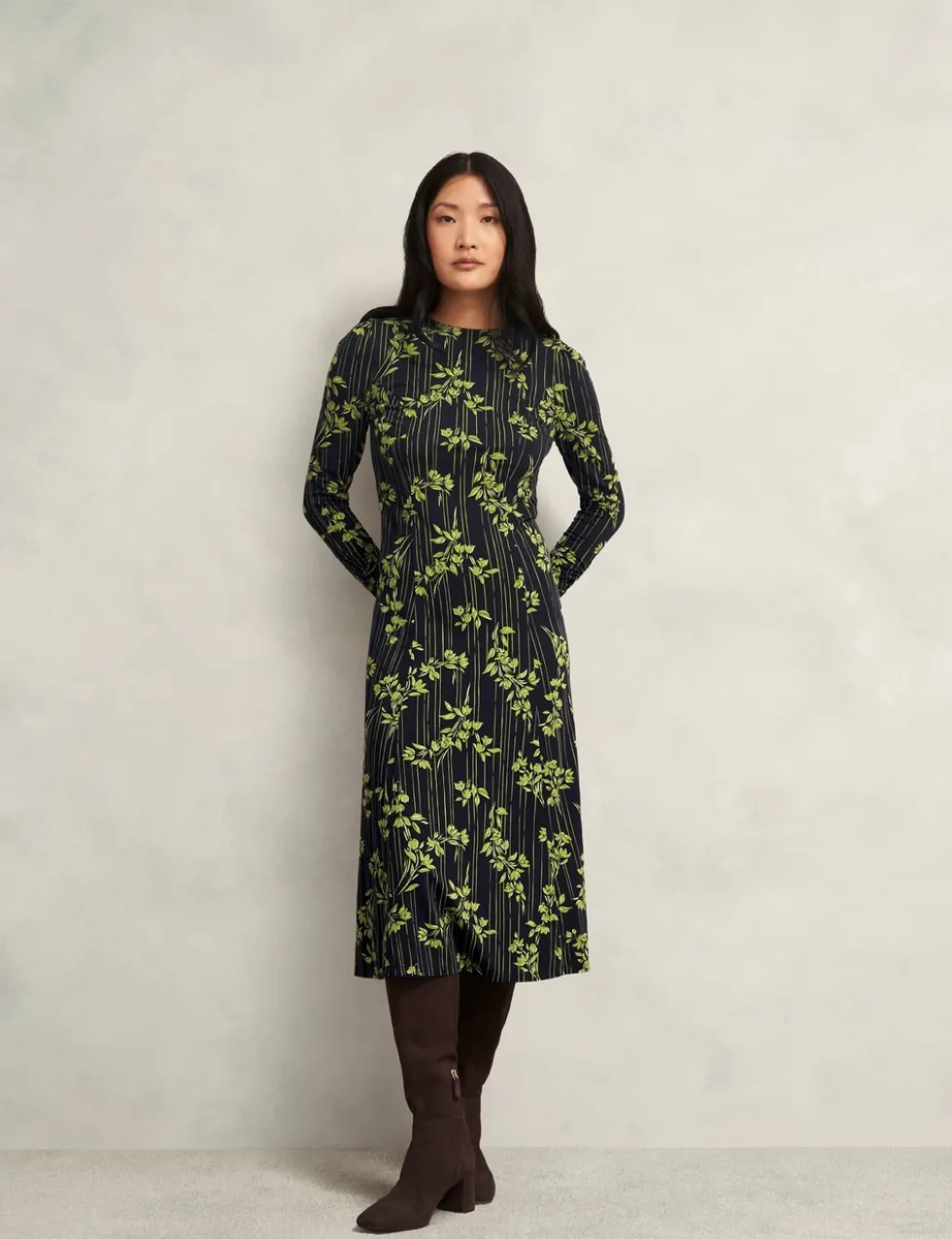 Jersey Floral Midi Waisted Dress