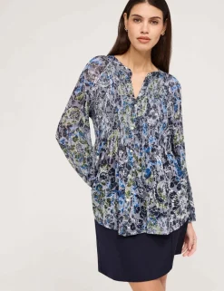 Jersey Floral Notch Neck Shirred Blouse