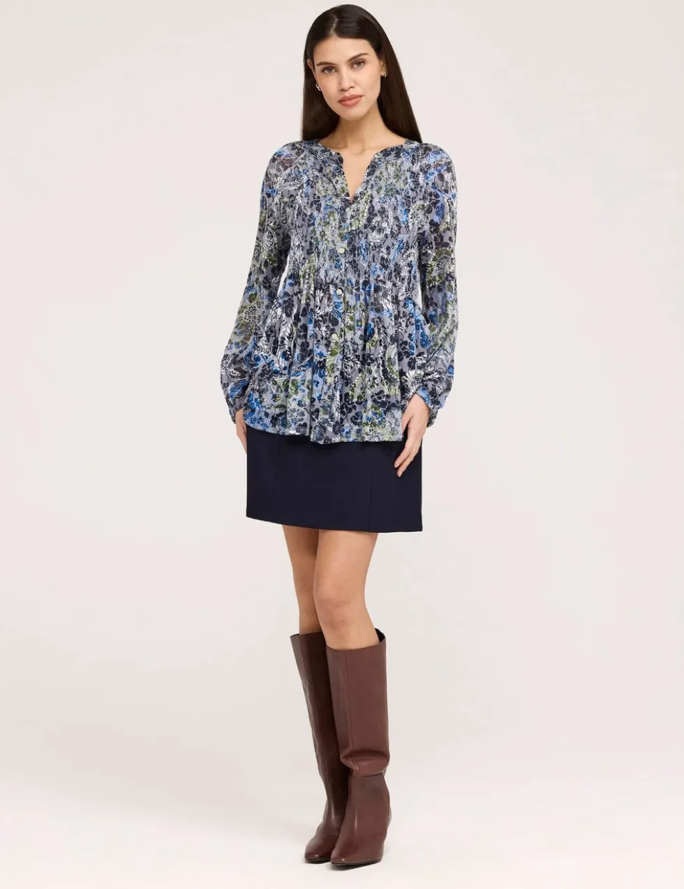 Jersey Floral Notch Neck Shirred Blouse