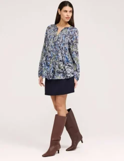 Jersey Floral Notch Neck Shirred Blouse