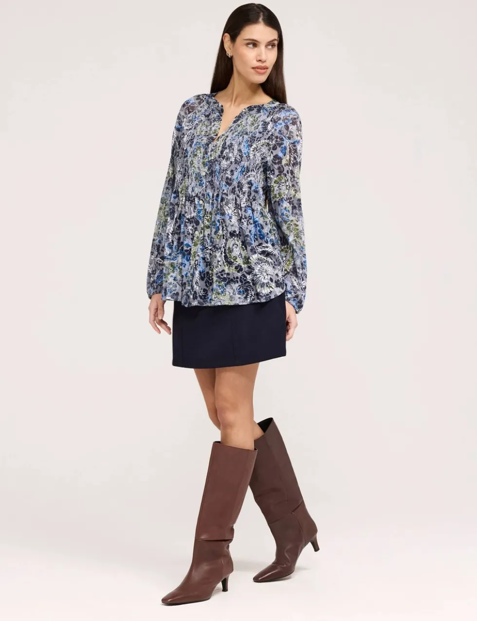 Jersey Floral Notch Neck Shirred Blouse