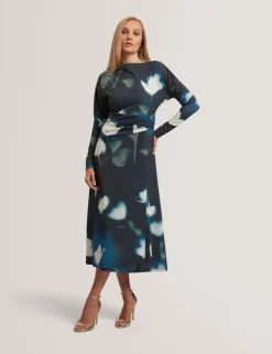 Jersey Floral Slash Neck Midi Wrap Dress