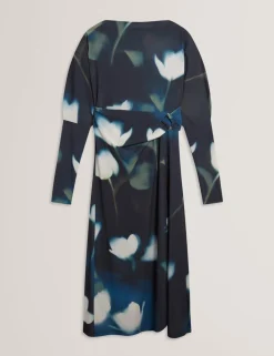 Jersey Floral Slash Neck Midi Wrap Dress