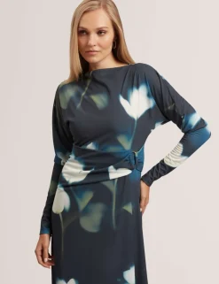 Jersey Floral Slash Neck Midi Wrap Dress